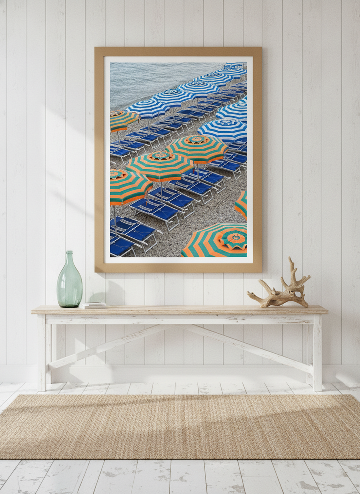 Modern wall art print styled on the wall in a coastal living room