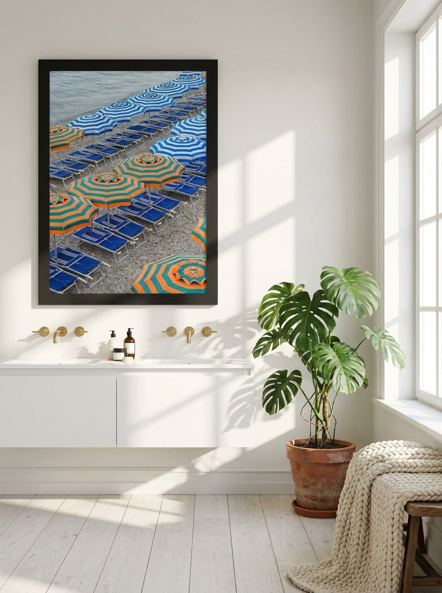 Modern wall art print styled on the wall in a bright Scandinavian bathroom