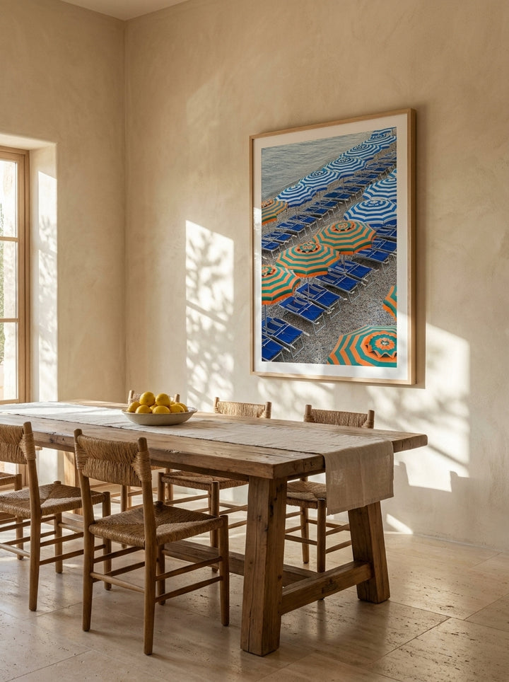 Oversized statement modern wall art print styled on the wall in a Mediterranean dining room