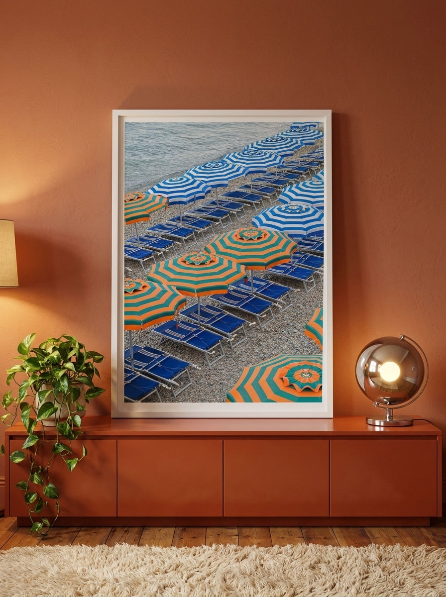 Modern wall art print standing on a sideboard in a retro 70s home office