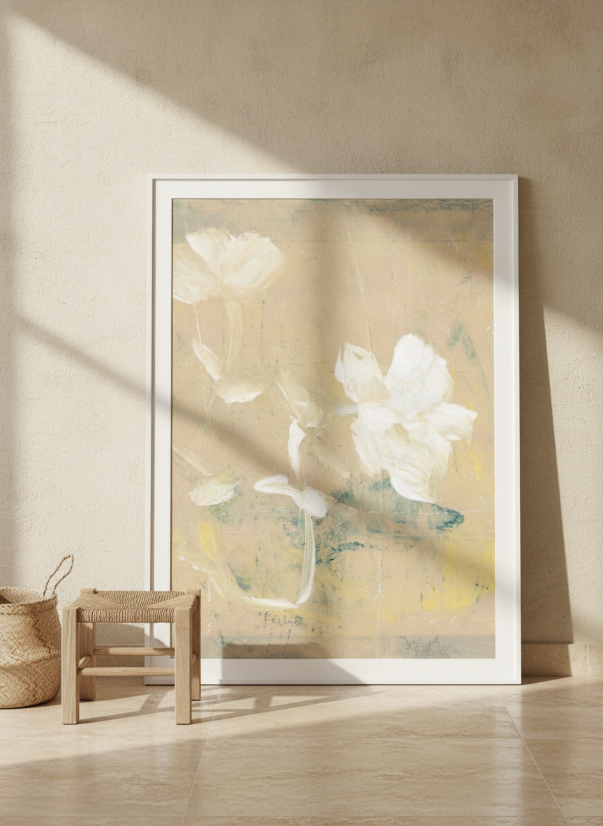 Oversized statement modern wall art print leaning against the wall in a Mediterranean dining room