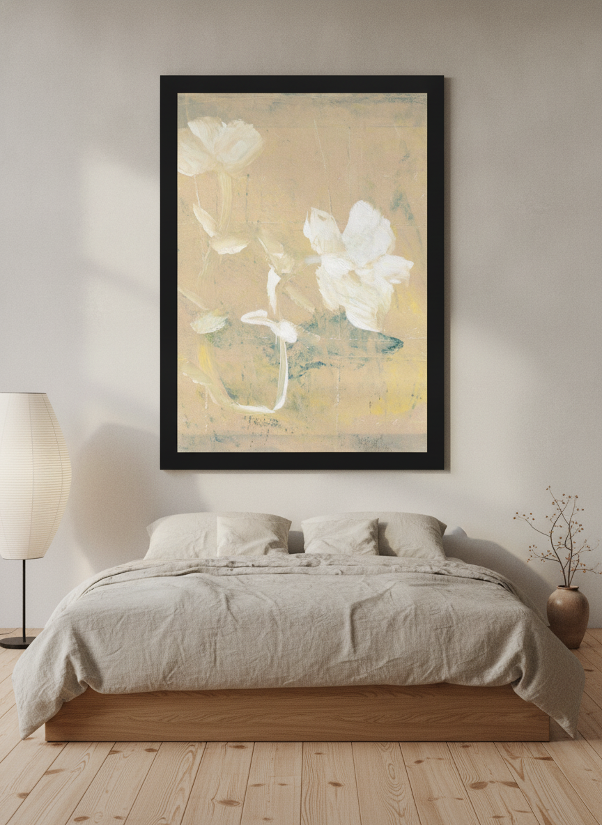 Modern wall art print styled on the wall in a warm Japandi bedroom