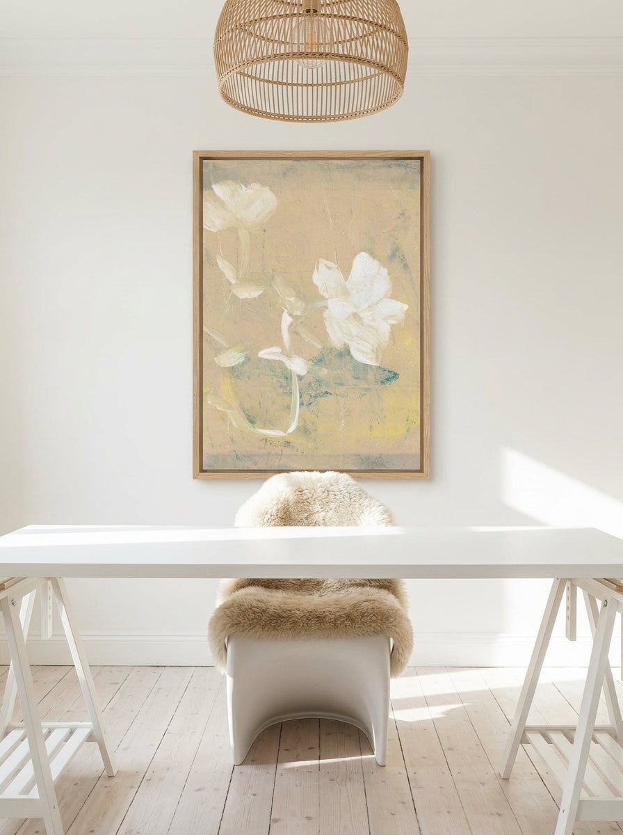 Modern wall art print styled on the wall in a bright Scandinavian home office