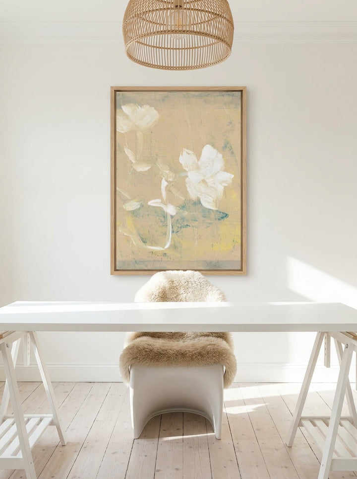 Modern wall art print styled on the wall in a bright Scandinavian home office