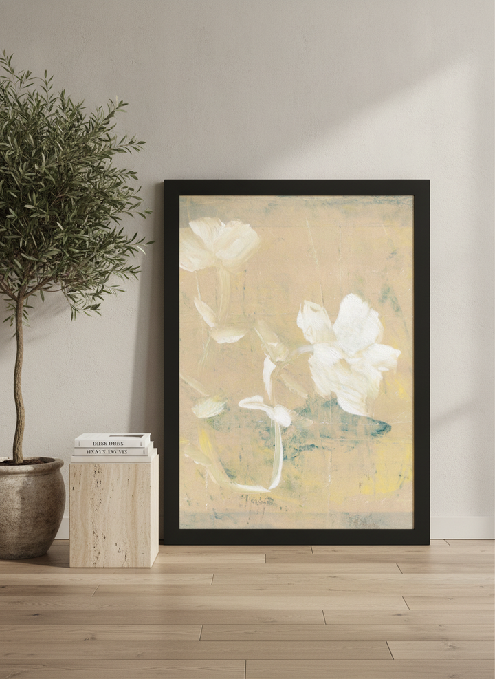 Oversized statement modern wall art print leaning against the wall in a luxe living room