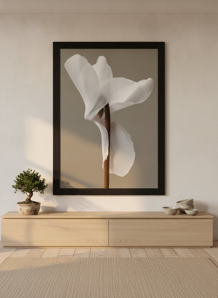 Oversized statement modern wall art print styled on the wall in a warm Japandi living room