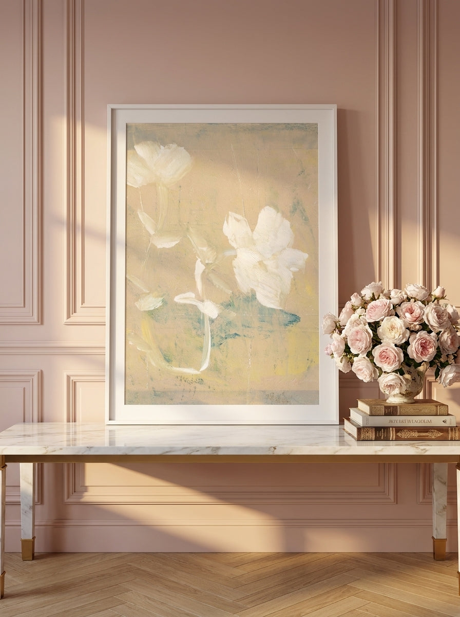 Modern wall art print standing on a console in a Parisian living room