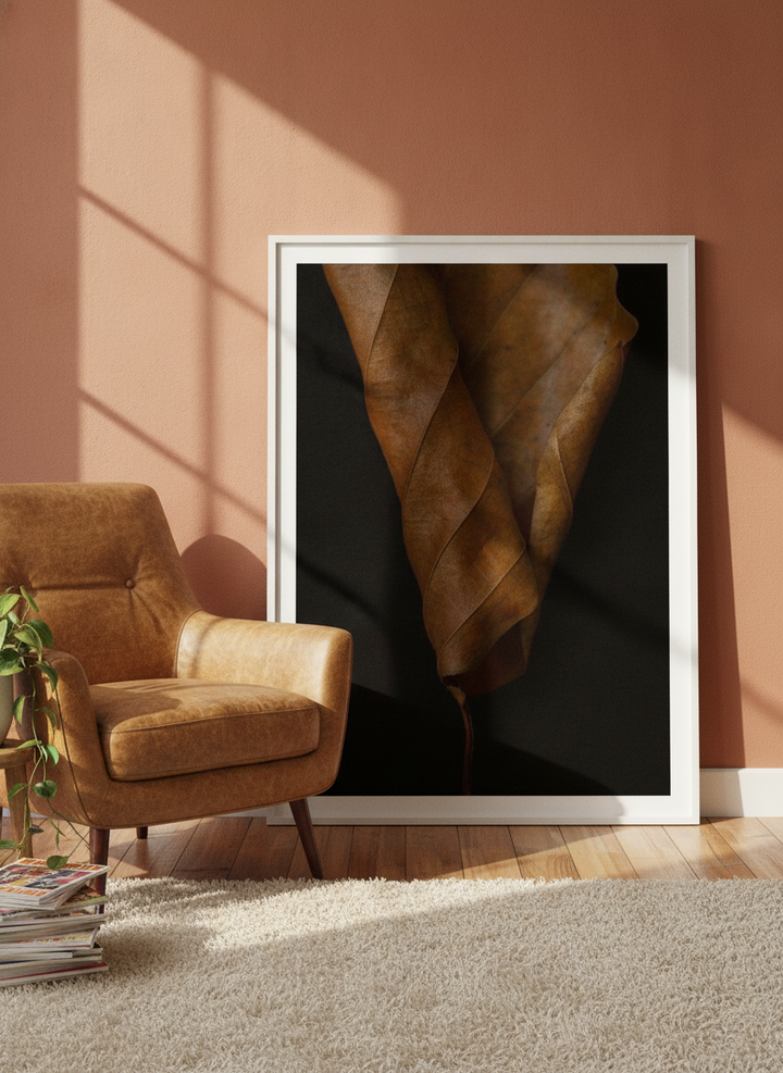 Modern wall art print leaning against the wall in a retro 70s bedroom