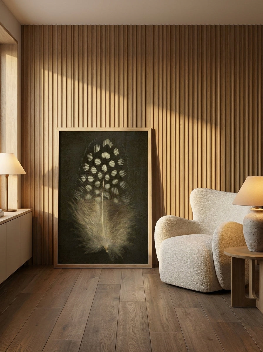 Modern wall art print leaning against the wall in a luxe bathroom