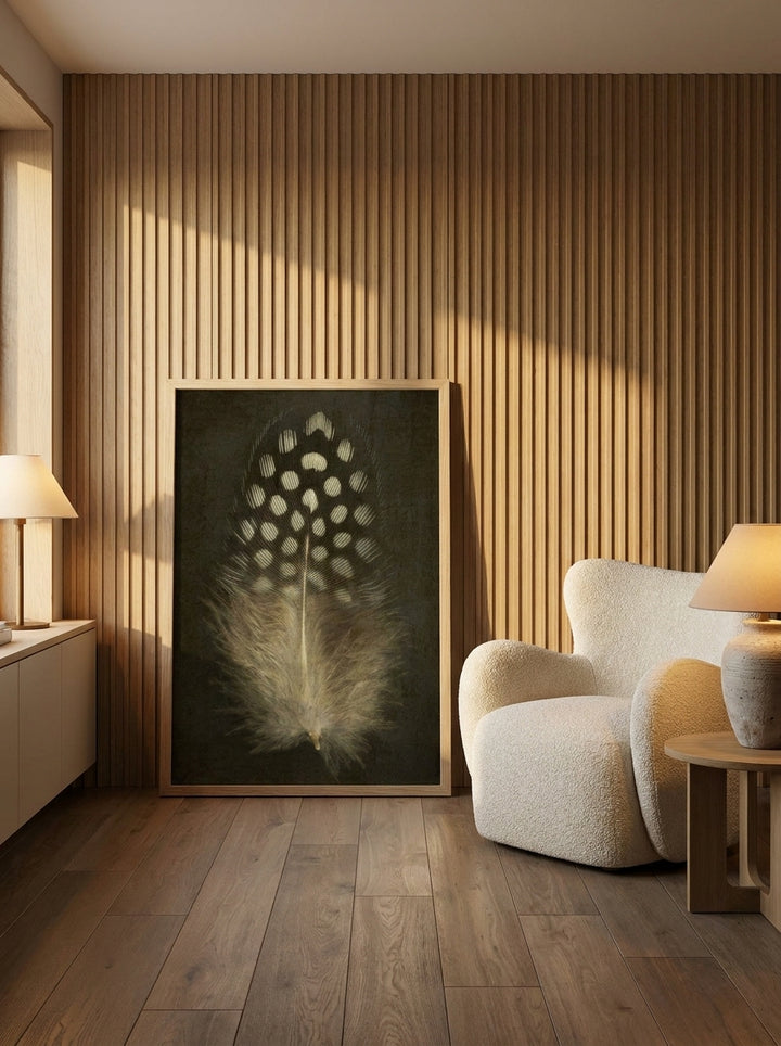 Modern wall art print leaning against the wall in a luxe bathroom
