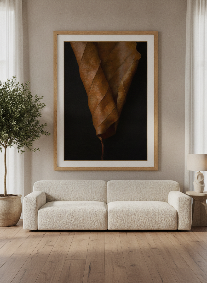 Oversized statement modern wall art print styled on the wall in a luxe living room
