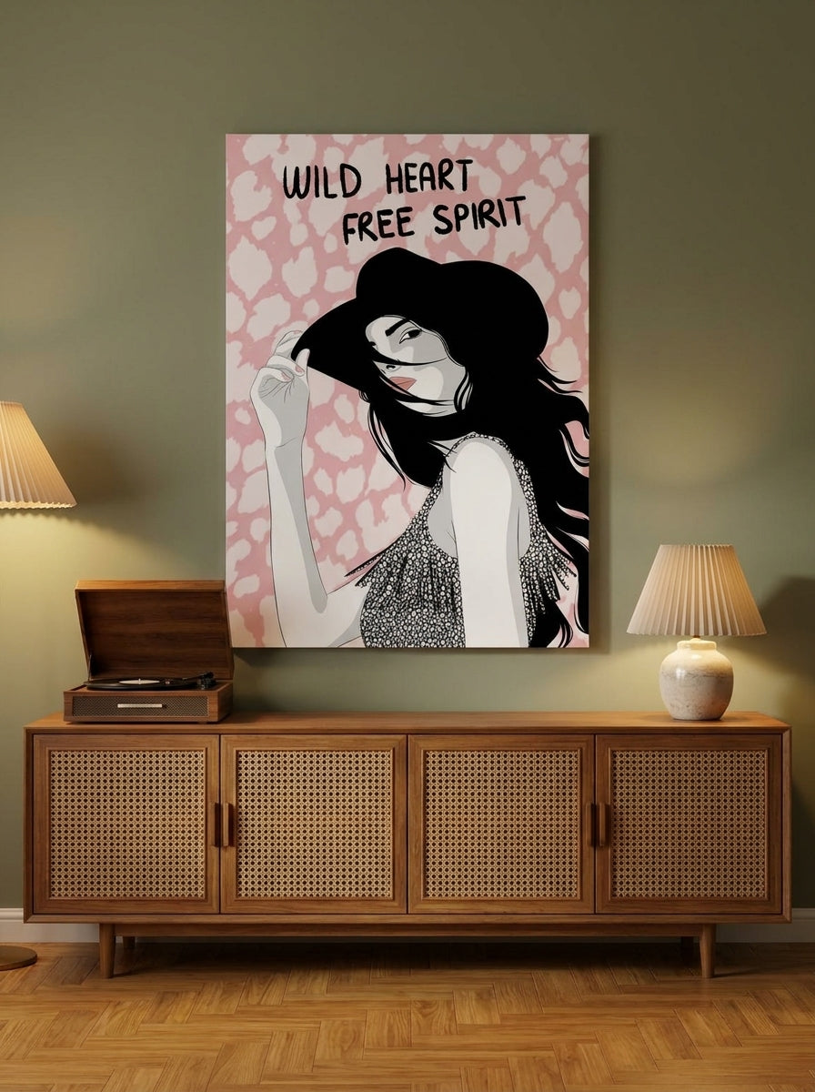 Stretched canvas wall art styled on the wall in a mid-century living room
