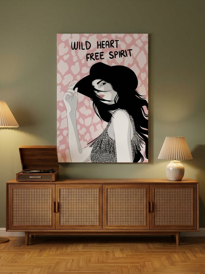 Stretched canvas wall art styled on the wall in a mid-century living room