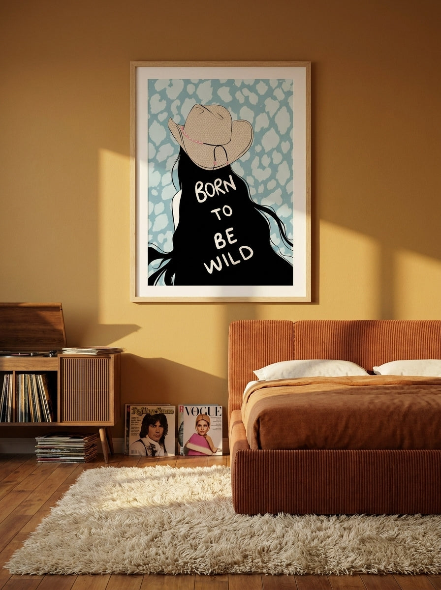 Modern wall art print styled on the wall in a retro 70s bedroom
