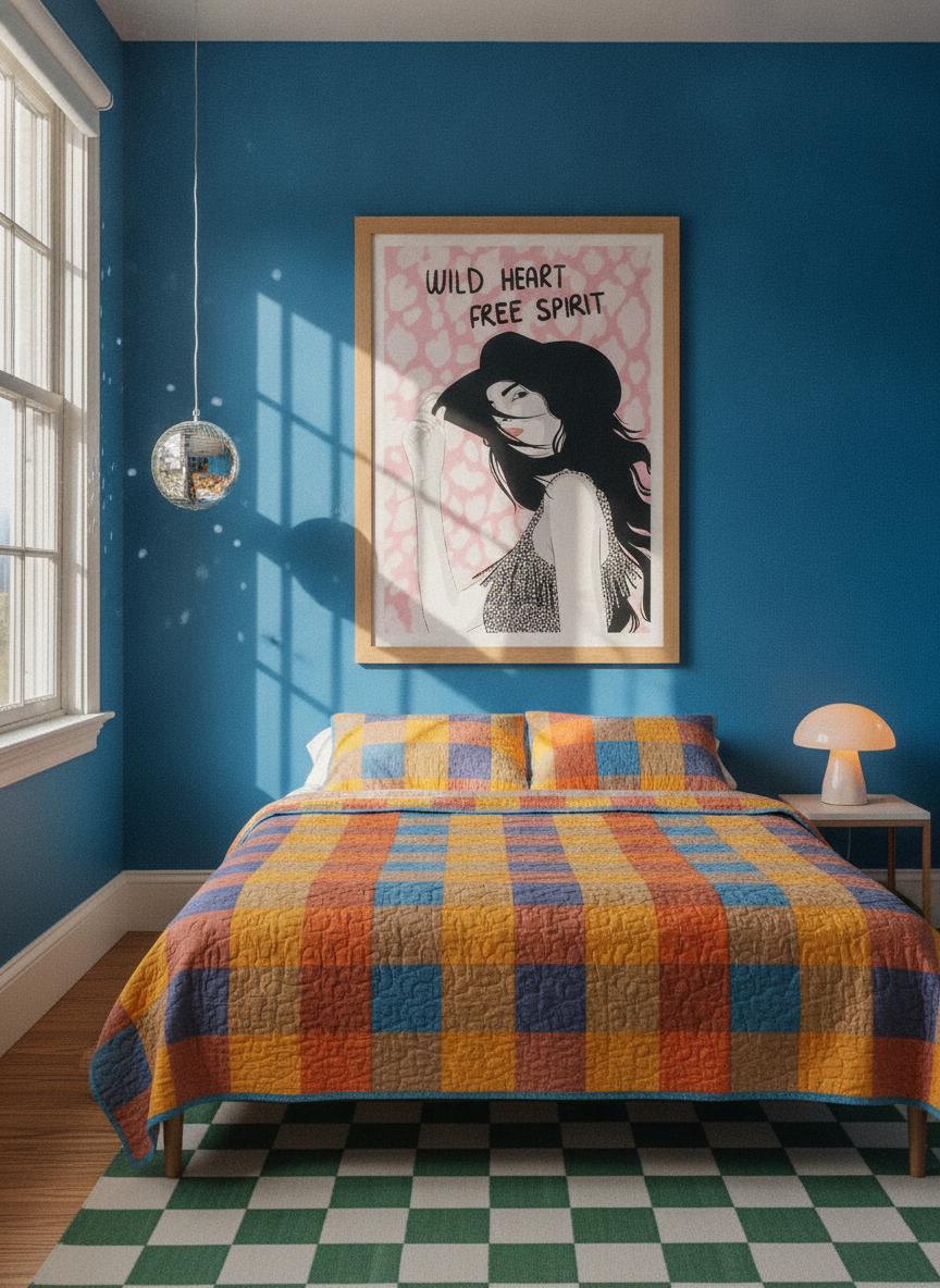 Modern wall art print styled on the wall in a colourful eclectic bedroom