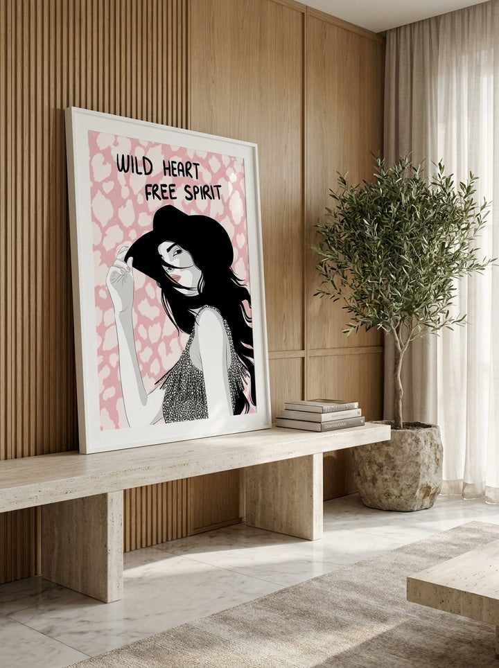 Modern wall art print standing on a console in a luxe bedroom