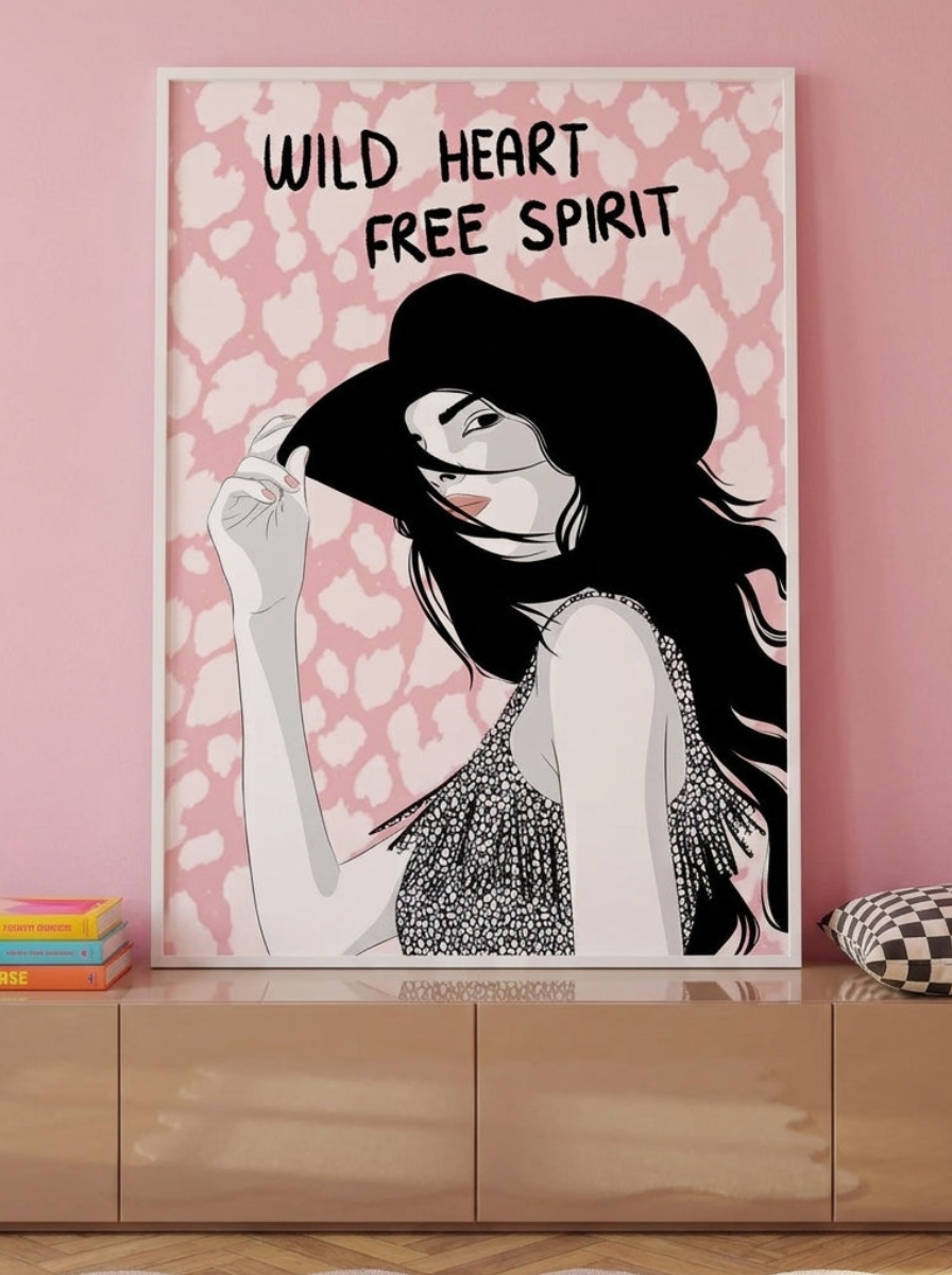 Modern wall art print standing on a sideboard in a colourful eclectic living room