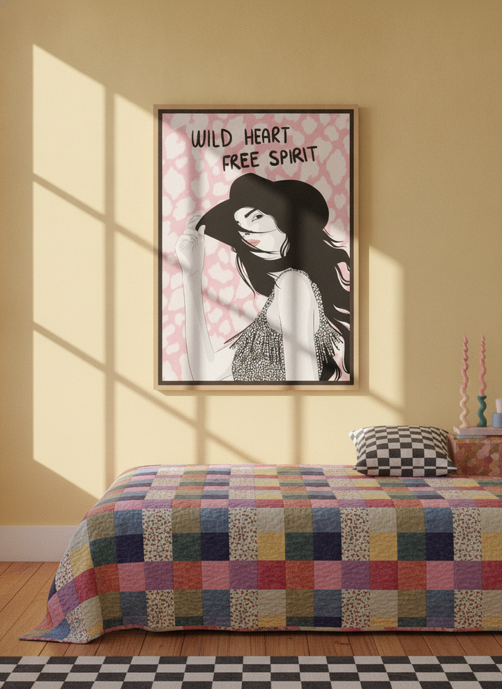 Oversized statement canvas wall art with a natural timber surround styled on the wall in a colourful eclectic bedroom