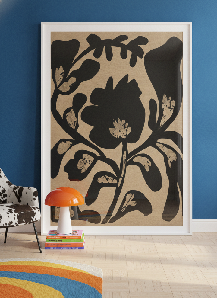 Oversized statement modern wall art print leaning against the wall in a colourful eclectic dining room