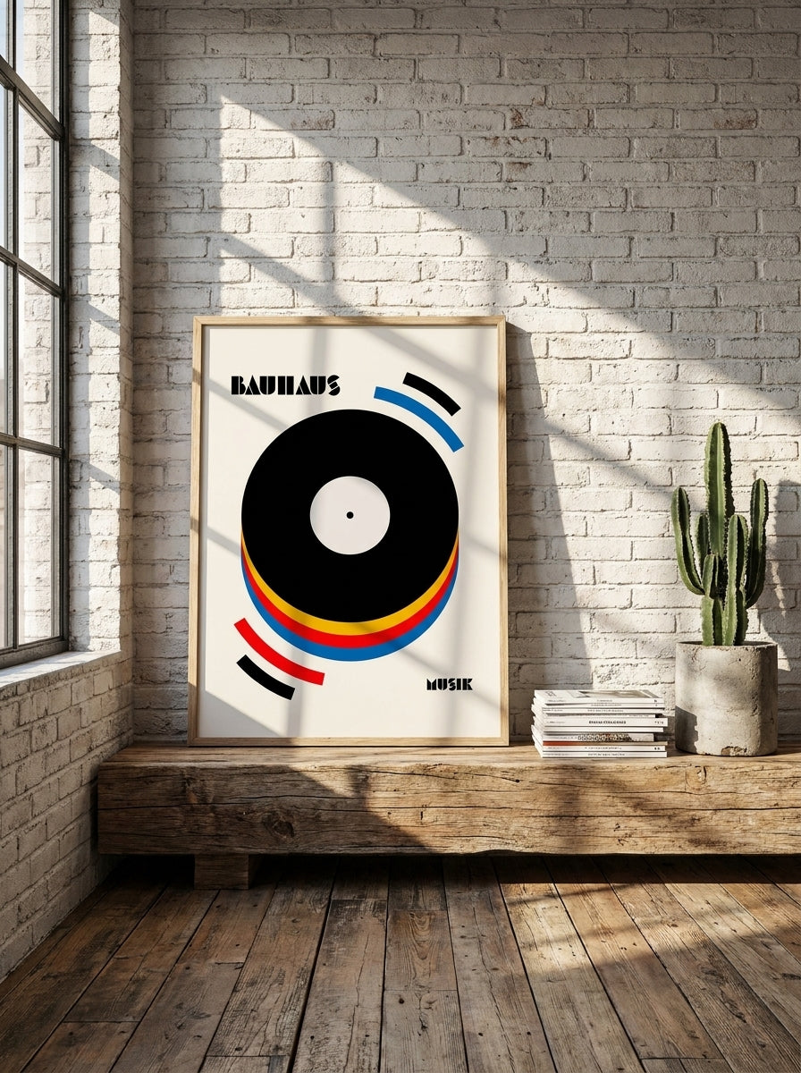 Modern wall art print standing on a bench in an industrial loft bedroom