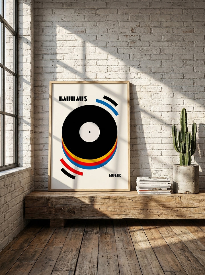 Modern wall art print standing on a bench in an industrial loft bedroom