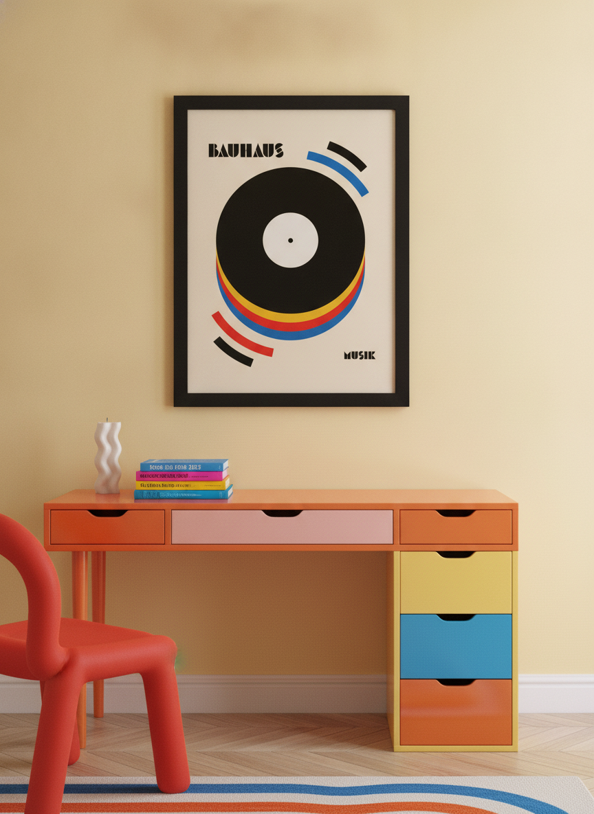 Modern wall art print styled on the wall in a colourful eclectic home office
