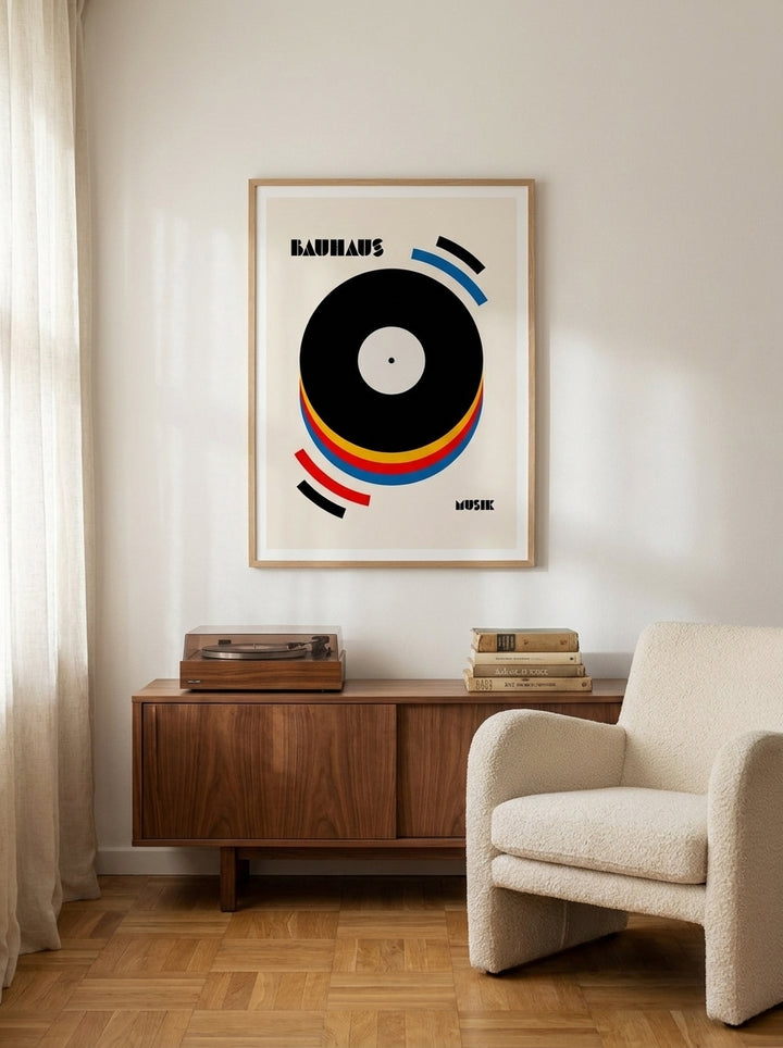 Modern wall art print styled on the wall in a mid-century living room