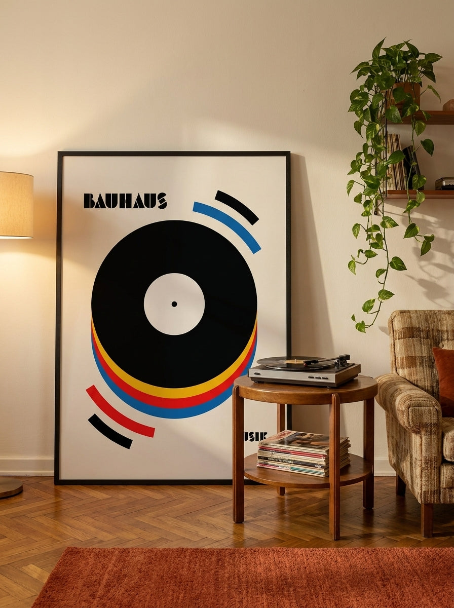 Oversized statement modern wall art print leaning against the wall in a retro 70s living room