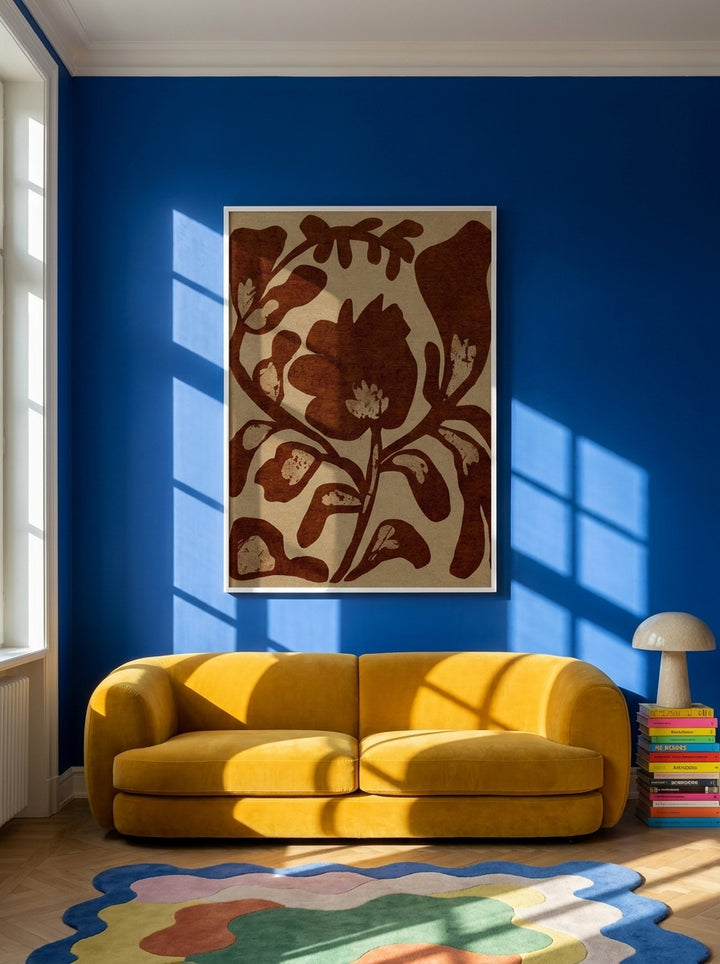 Oversized statement modern wall art print styled on the wall in a colourful eclectic living room