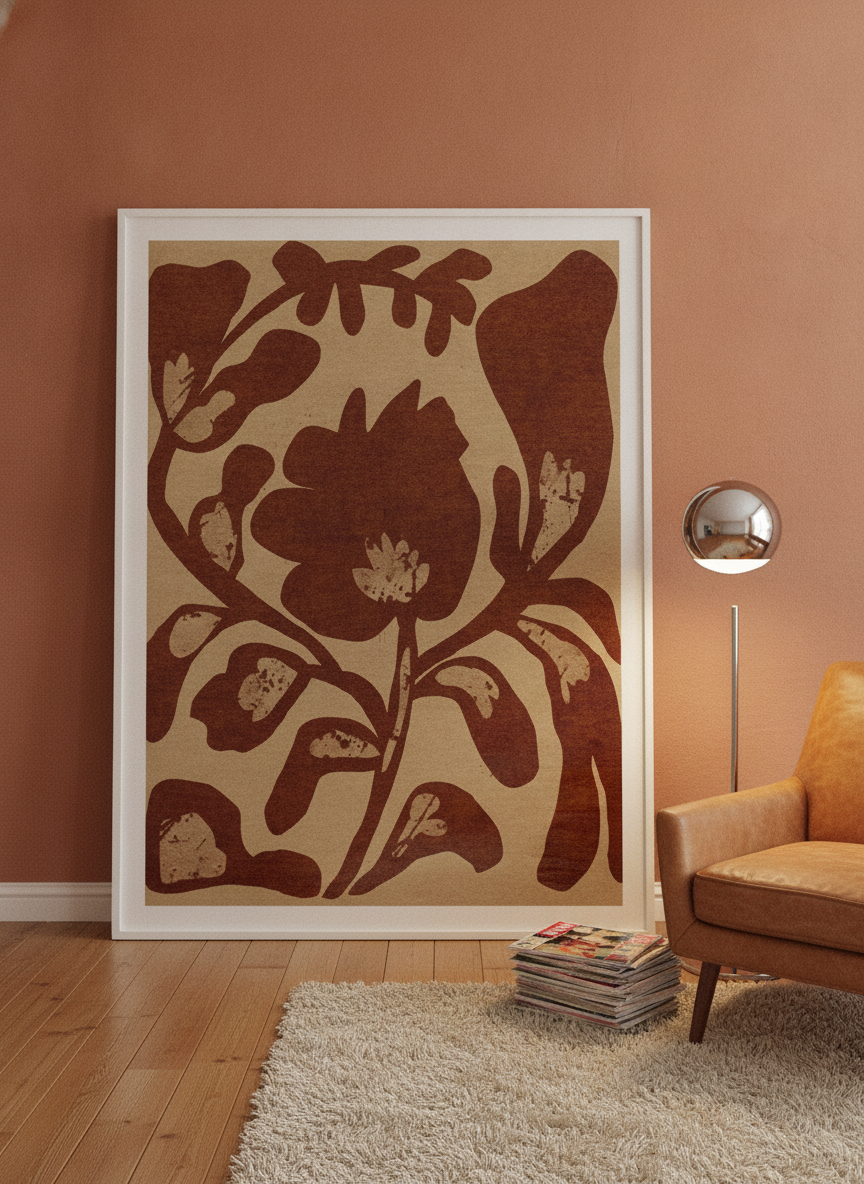 Oversized statement modern wall art print leaning against the wall in a retro 70s dining room