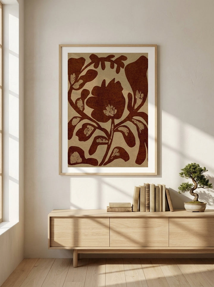 Modern wall art print styled on the wall in a warm Japandi living room