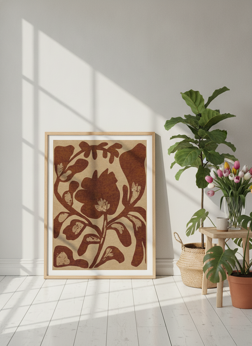 Modern wall art print leaning against the wall in a bright Scandinavian home office
