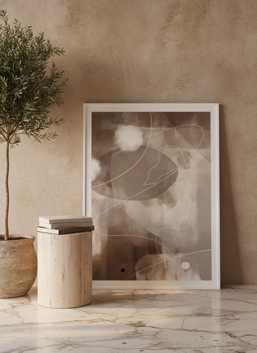 Modern wall art print leaning against the wall in a luxe home office