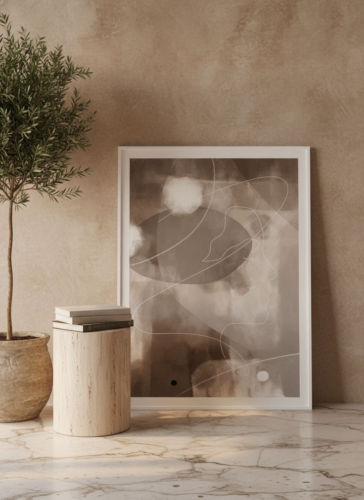 Modern wall art print leaning against the wall in a luxe home office
