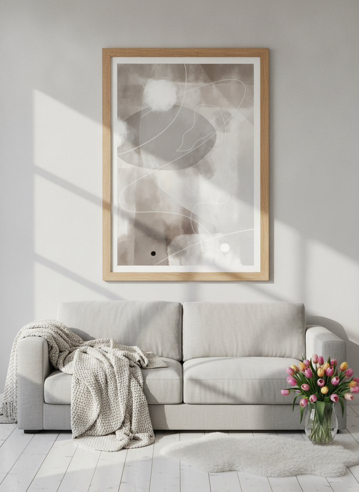 Modern wall art print styled on the wall in a bright Scandinavian living room