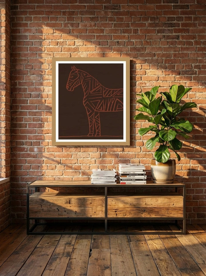 Modern wall art print styled on the wall in an industrial loft living room