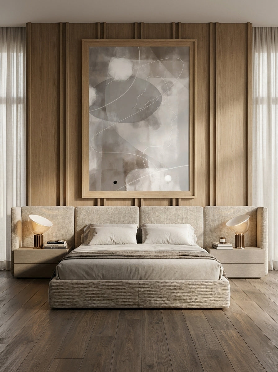 Oversized statement modern wall art print styled on the wall in a luxe bedroom