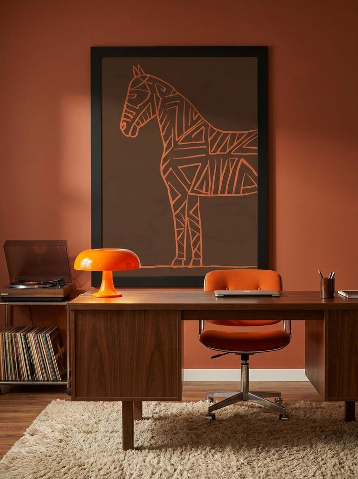 Oversized statement modern wall art print styled on the wall in a retro 70s home office