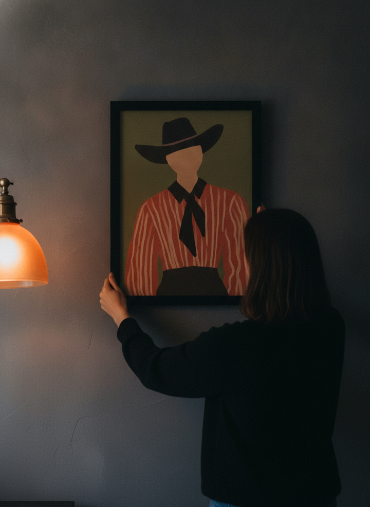 Person holding modern wall art print in a moody living room