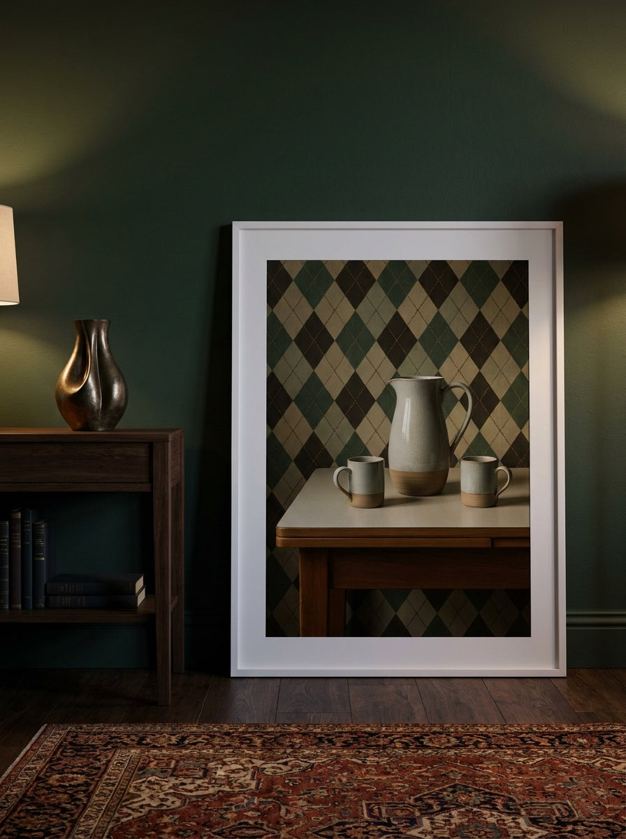 Modern wall art print leaning against the wall in a moody dining room