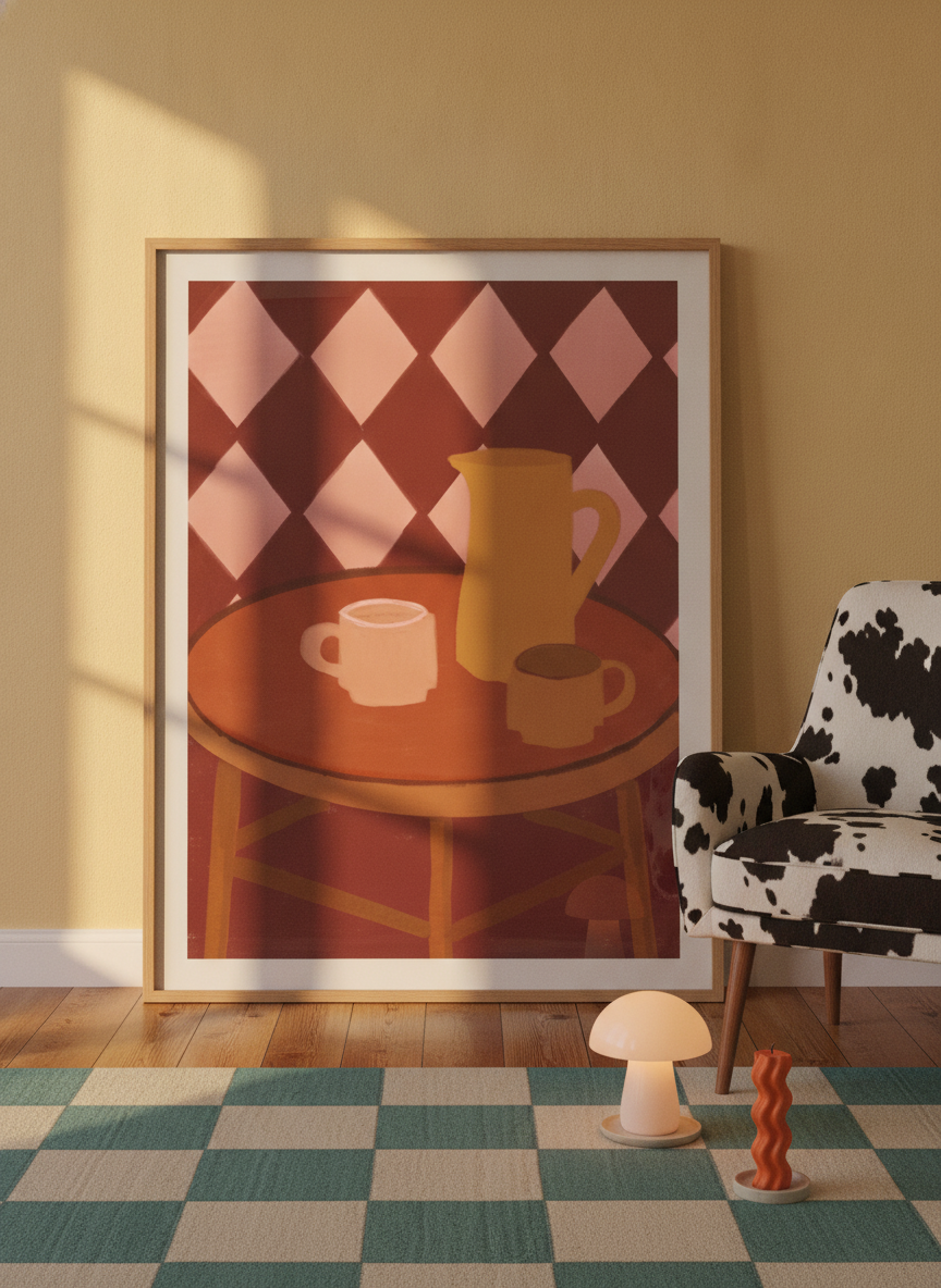Oversized statement modern wall art print leaning against the wall in a colourful eclectic dining room