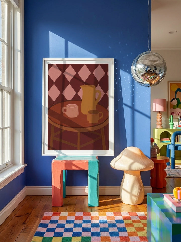 Modern wall art print standing on a side table in a colourful eclectic living room