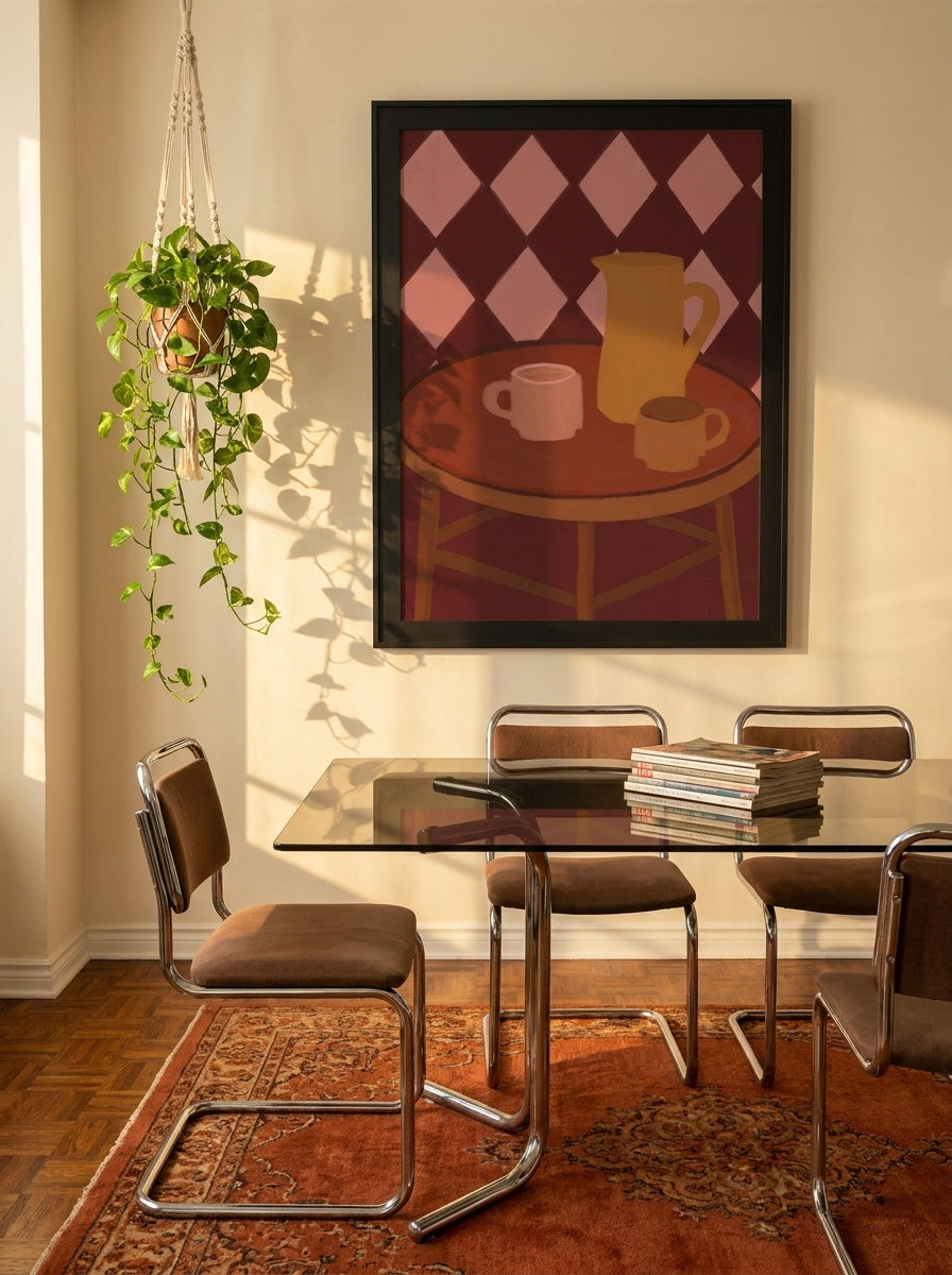 Oversized statement modern wall art print styled on the wall in a retro 70s dining room