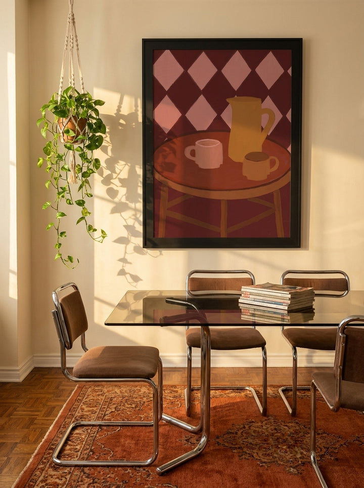 Oversized statement modern wall art print styled on the wall in a retro 70s dining room
