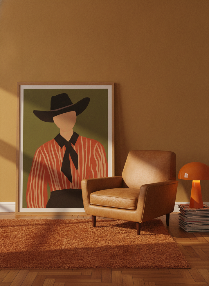 Modern wall art print leaning against the wall in a retro 70s bedroom