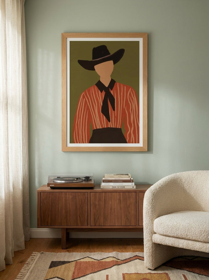 Modern wall art print styled on the wall in a mid-century living room