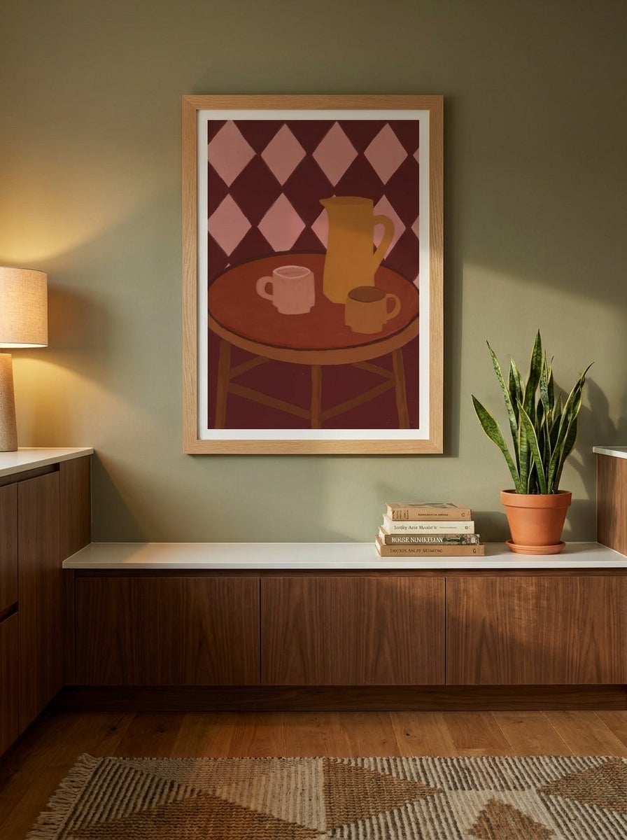 Modern wall art print styled on the wall in a mid-century kitchen