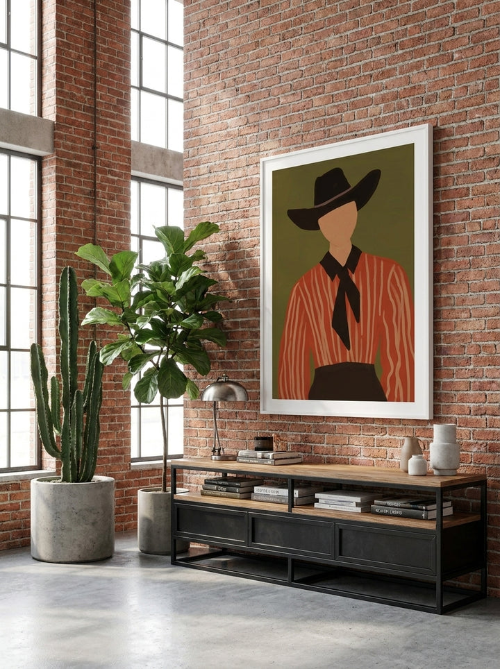 Oversized statement modern wall art print styled on the wall in an industrial loft living room