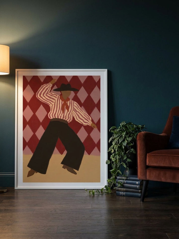 Modern wall art print leaning against the wall in a moody home office