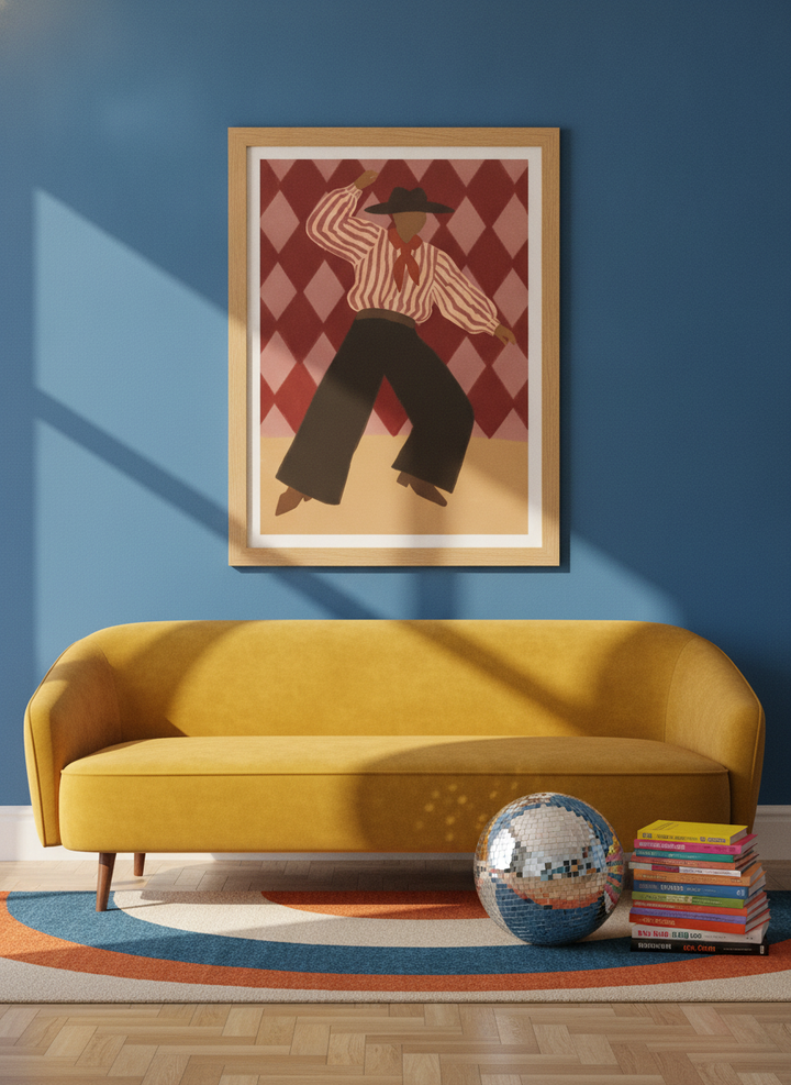 Modern wall art print styled on the wall in a colourful eclectic living room